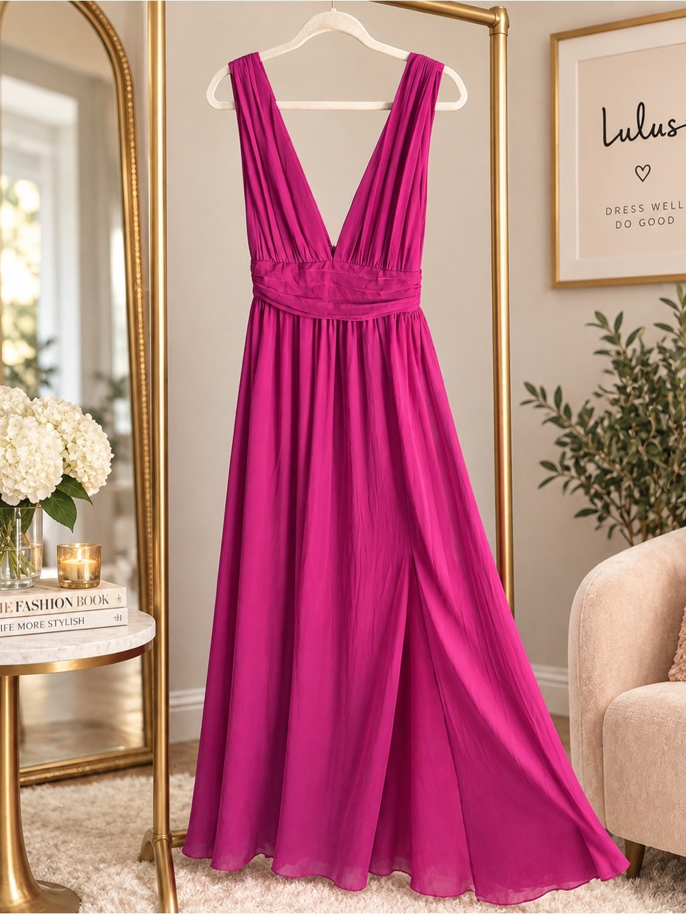 Lulus Fuchsia Magenta Plunge Maxi Dress Small Ruched Formal Wedding Guest Gown